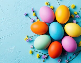 Bright Easter eggs on a blue background. Spring card template with space for text