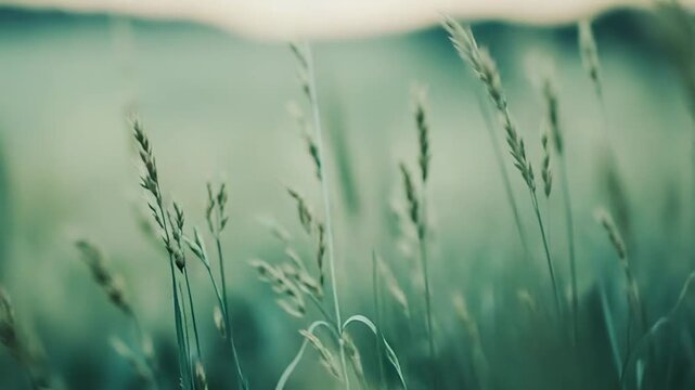 Tall green grass with delicate seed heads sways gently, capturing the essence of natural growth and environmental tranquility in a soft, blurred landscape