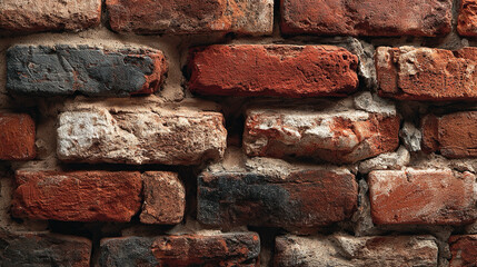 Close-up of weathered brick wall with varied textures