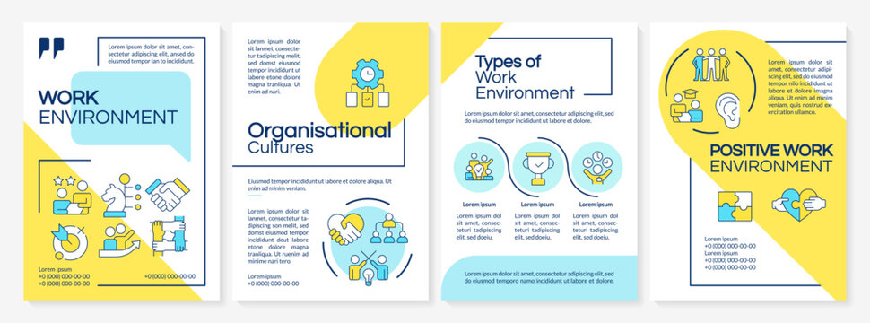 Corporate culture blue and yellow brochure layout. Organizational culture, time management. Leaflet advertising design with color line icons. Editable 4 pages. Questrial, Lato-Regular fonts used