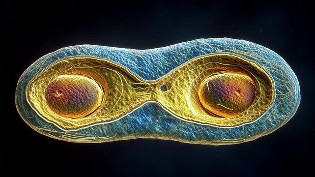 Illustration emphasizing protozoan cell division with luminous gold accents and fine details