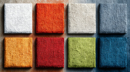 Vibrant fabric swatches in modern color palette on wooden background