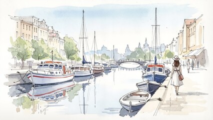 Scenic riverside view with boats and person walking on pathway  