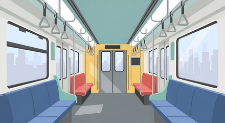 Obraz premium Interior of a modern, empty subway train carriage with blue seats and city views through the windows