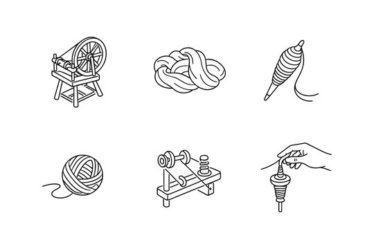 Linear spinning tools set: yarn, bobbin, niddy noddy, spindle, wheel, handcraft icons