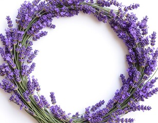 Lavender flowers arranged in a circle. Floral frame with space for text on a white background