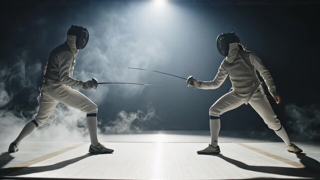 Two fencers in action on a smoky stage