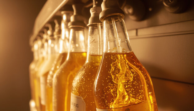 Glass bottle amber beverage brewery production line carbonation close up side profile condensation, warm light highlights golden bubbles during bottling and packaging in factory