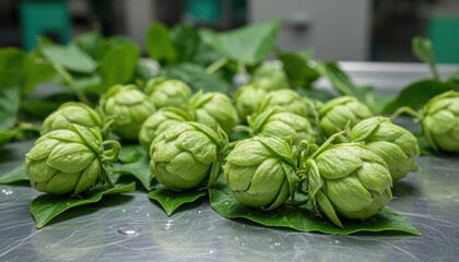 Obraz premium Fresh green hop cone brewery harvest agriculture plant on stainless steel table, closeup of aromatic ingredients for beer production, natural texture, clean food processing