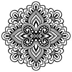 Detailed monochrome mandala pattern for coloring pages, textile prints or decorative elements. Elegant floral ornament with symmetrical design.