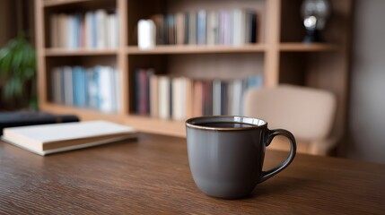 Fototapeta premium A professional workspace with a coffee mug and book on a desk alongside a bookshelf
