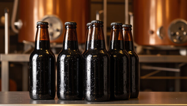 Dark beer bottle group brewery brown glass craft stout closeup on metal table, cold condensation, copper fermentation tank background, warm industrial lighting