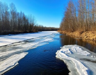 The ice on the river melts in spring. It's a sunny spring day, and ice floes are floating down the river
