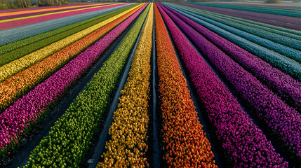 Vibrant tulip field with colorful rows of flowers in full bloom