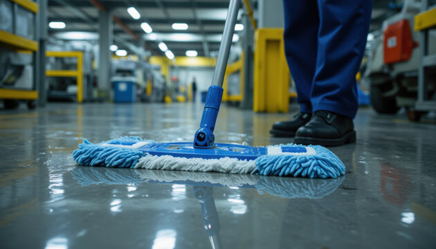 Mop cleaning warehouse floor industrial hygiene janitor water wet maintenance in factory aisle, polished concrete reflection after sanitation routine, workplace safety focus