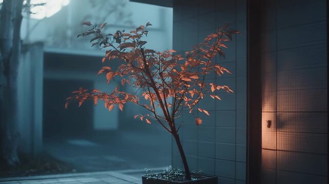 Small tree with vibrant orange red leaves standing in a planter, illuminated by a warm light against a modern building facade in a peaceful, misty urban setting