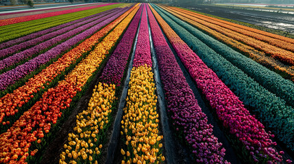 Vibrant tulip fields in colorful rows blooming beautifully