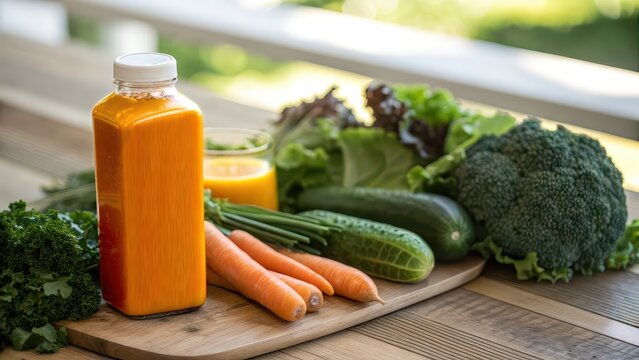 Fresh carrot juice bottle with assorted green vegetables, detox drink, cold-pressed juice, clean eating beverage concept, healthy vegan nutrition lifestyle