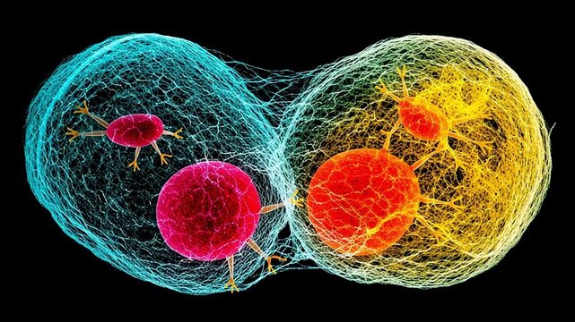 Bright cell division, Microscopic visualization of yeast cell division with vibrant colors