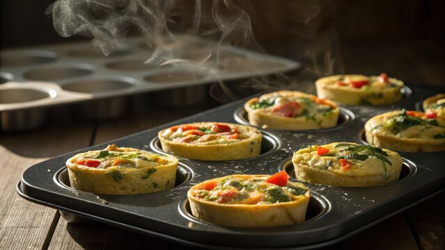 Freshly baked vegetable egg muffins in muffin tin, healthy breakfast meal prep, low carb high protein frittata bites, keto diet snack, steaming egg cups