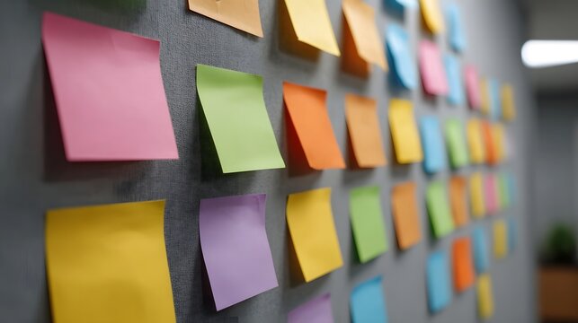 A vibrant wall filled with colorful sticky notes symbolizing ideas planning and collabo n in a modern workspace