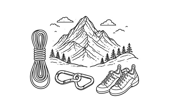 Adventure gear and mountain landscape in hand drawn style