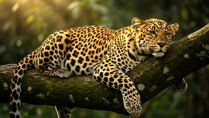 Obraz premium Peaceful leopard relaxing comfortably while napping soundly upon a thick mossy tree branch in the jungle sunlight