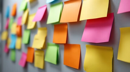 A wall covered with a variety of colorful sticky notes representing ideas and tasks