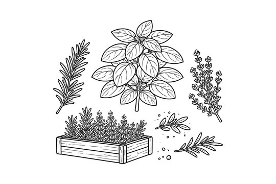 Herbal garden sketch: rosemary, basil and thyme in wooden planter box