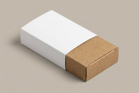 Perspective view of a brown kraft cardboard box with a white paper sleeve mockup