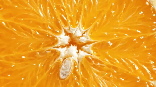 Closeup of a juicy orange slice with segments and pulp visible