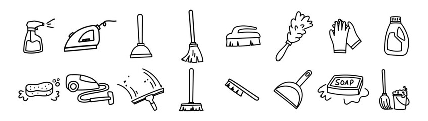 cleaning tools doodle icon bundle set household equipment maid broom, mop, brush,