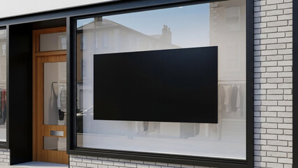 Fototapeta premium Blank black sign in storefront window with clothing racks visible inside