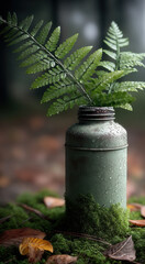 Obraz premium Vintage metal can rusted green with fern leaves water droplets moss autumn forest nature peaceful mood