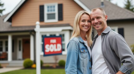 A happy, smiling married couple, a man and a woman, standing in front of a sold house with a 