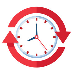 Simple graphic illustration depicting the concept of time management or constant renewal symbolized by a clock face encircled by large looping red arrows indicating continuous cycle or turnaround.