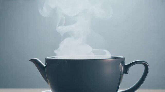 A close-up shot of a dark ceramic teapot reveals thick, white steam rising continuously and dynamically from the hot liquid inside against a softly lit grey background, highlighting the warmth and fr