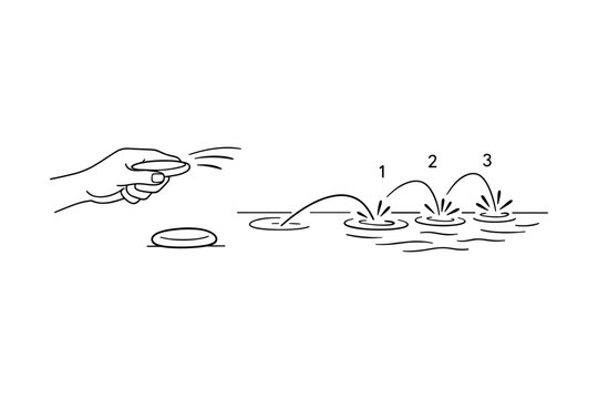 Hand throwing stone creating skipping ripples on water in minimalistic line art