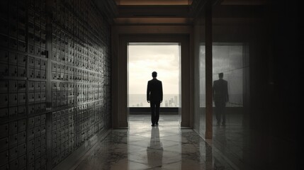 Obraz premium Private Banking Offers a Setting of Silent Confidence With Views of the City Skyline and a Person Standing Alone