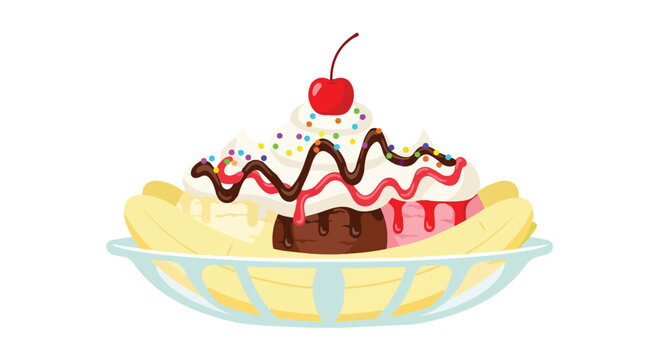 A delightfully vibrant and colorful classic banana split dessert illustration featuring creamy scoops and sweet toppings