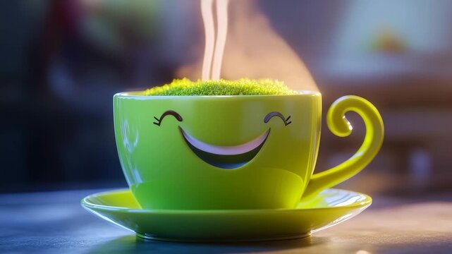 Cheerful coffee cup with steam rising in a warm setting