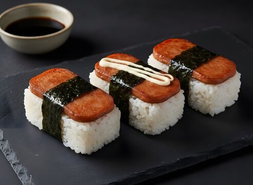 Spam Musubi with Grilled Spam, Rice, and Nori on Black Slate Plate