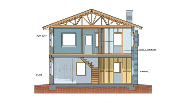 Architectural cross-section of a two-story house construction showing roof joists, stud walls and brick foundation.