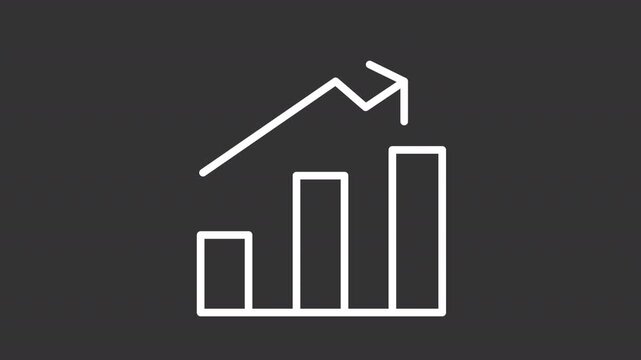 Animated bar chart and rising arrows white line icon. Commercial performance growth animation. Infographic showing business development. Isolated element on dark background. Alpha transparent video