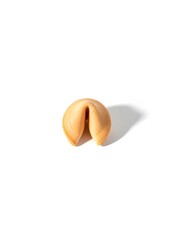 Golden brown fortune cookie isolated on a white background, symbolizing luck and future predictions.