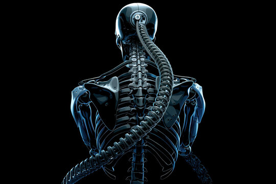 Cyborg robot android spine cable skeleton anatomy technology, rear view of glossy metal humanoid with exposed vertebrae and tubing, dark background, sci fi concept