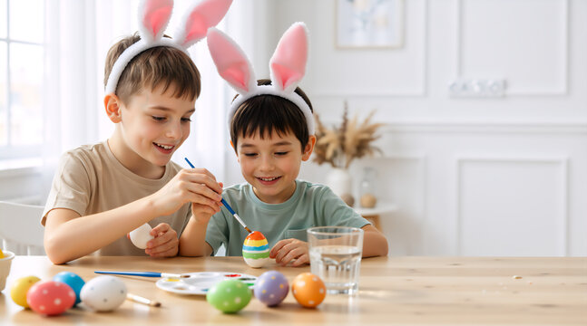 Two happy boys wearing bunny ears painting Easter eggs at home. Children decorating colorful eggs for holiday celebration