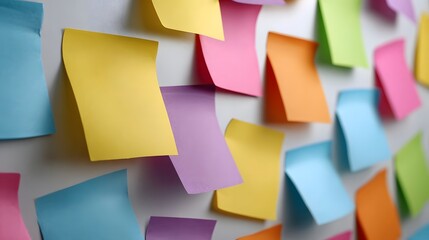Fototapeta premium Dynamic arrangement of vibrant multi colored sticky notes layered and scattered on a plain white background representing ideas
