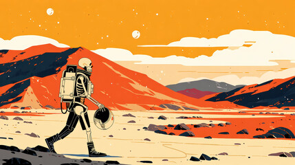 Astronaut skeleton spacesuit helmet Mars desert mountain illustration landscape lone explorer walking across rocky valley under orange sky distant moon retro science fiction poster style