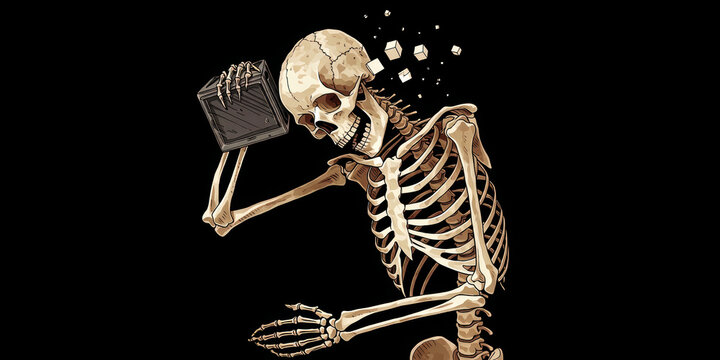 Skeleton skull bone tablet technology digital glitch black background, creepy undead character smashing device, pixel fragment flying, dark horror illustration for halloween poster, stress concept